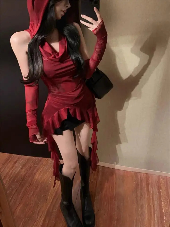 Red Mesh See Through Top Streetwear Hooded Tshirt Irregular Ruffle Oversleeve Tops for Women Sexy Y2k Clothing 250729