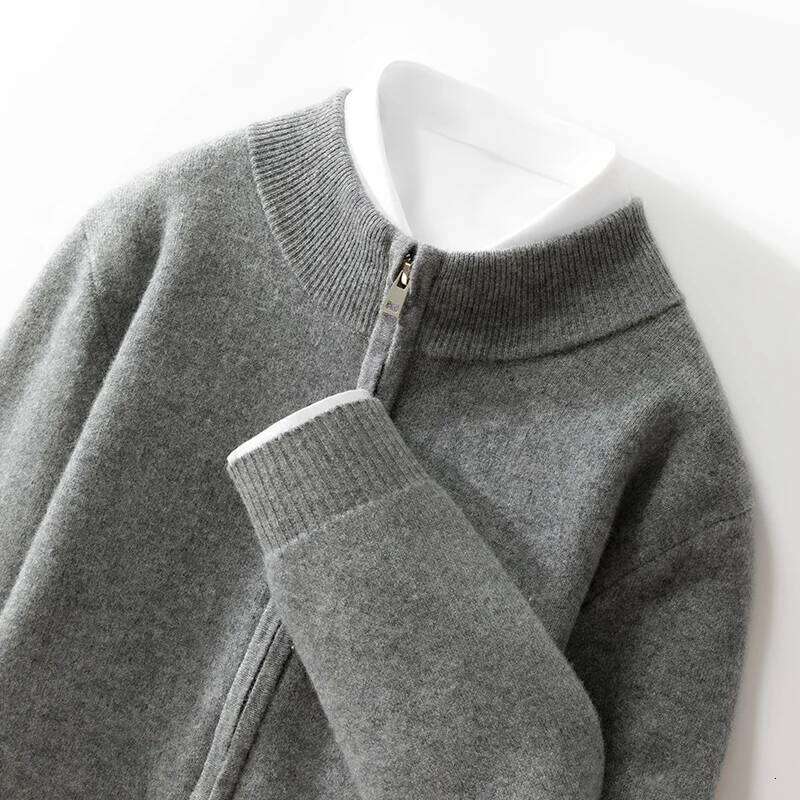 Men's 100% Merino Wool Warm Sweater Mock Collar Thickened Zippered Cardigan Autumn Winter New Cashmere Knitted Long Sleeve Tops MDNG