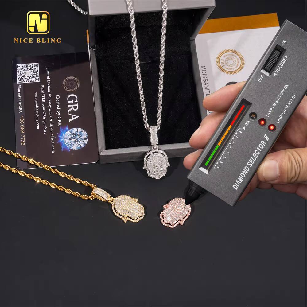 Hip Hop Charm Fashion Jewelry 925 Sterling Silver Egyptian Eye Hamsa Hand baguette Diamond Moissanite Pendant