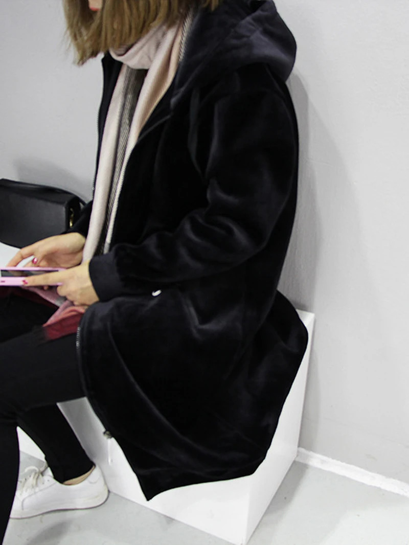 Womens Medium Long Velvet Zipper Jacket Loose Versatile Cardigan Hoodie Spring Autumn Student Black Thickened Coat Top 250730
