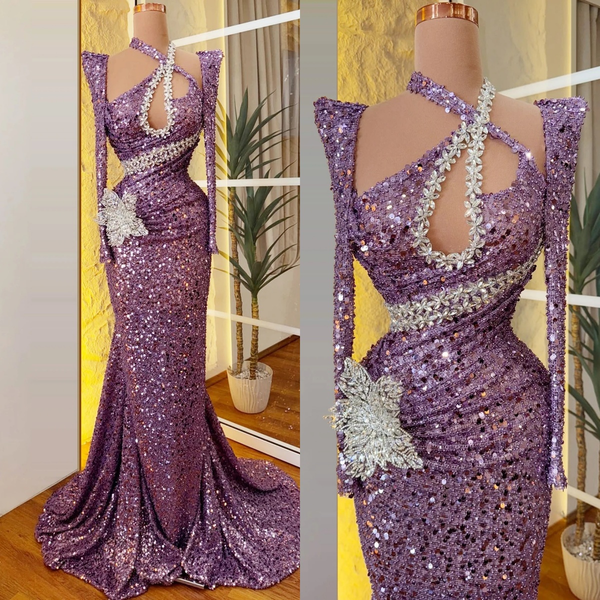 Simple Evening Dresses Sequins Rhinestone Prom Dress Halter See Through Mermaid Crystal Long Sleeves Party Gowns Sweep Train Vestidos De Noche Plus Si