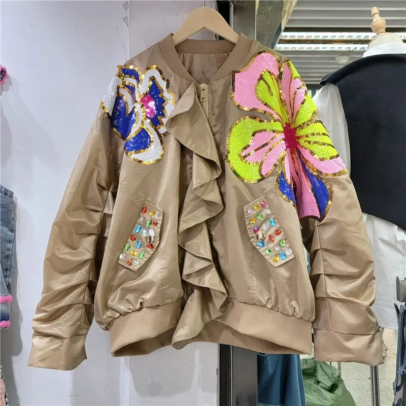 Spring Women Fashion Ruffled Patchwork Diamond Sequin Flowers Baseball Jacket Stand Collar Long Sleeve Bomber Coat Female Casual 250730