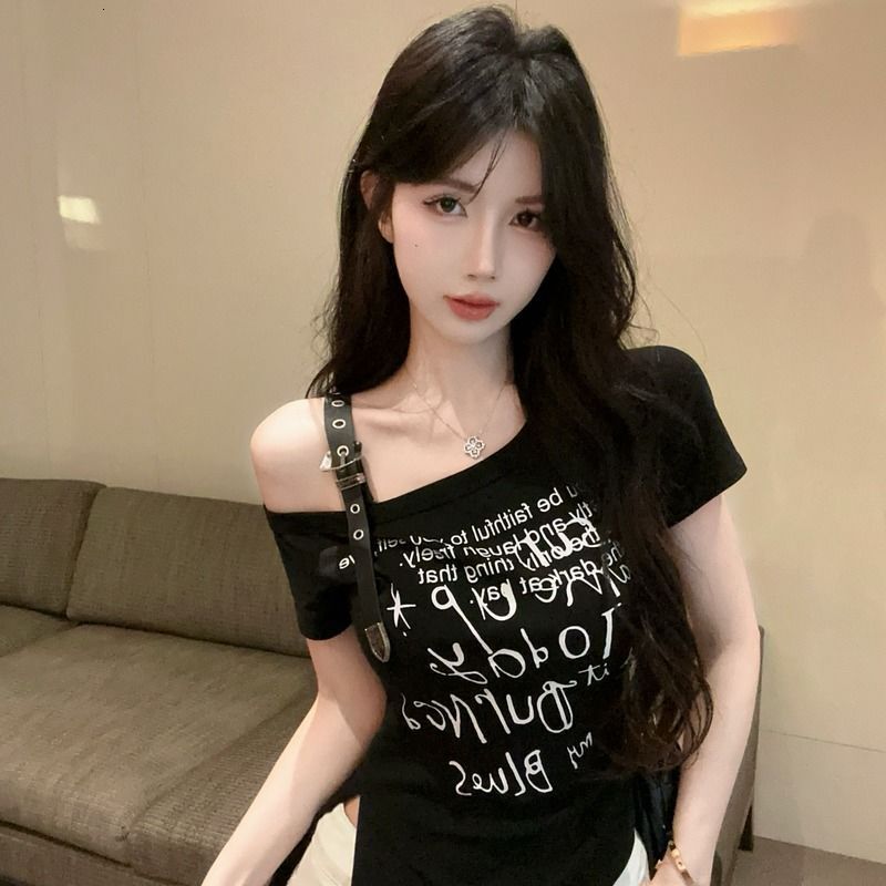 2025 American Printed Shoulder Strap Short Sleeve T-shirt Summer New Style Ruffle Waist Irregular Short Top New Designer T-shirt
