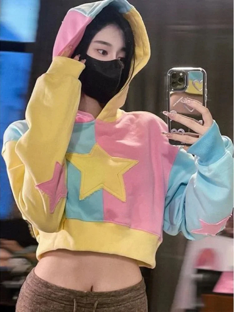 Long Sleeve Vintage Crop Hoodies Femme Contrast Patchwork Sweatshirt Autumn Harajuku Y2k Pullover Loose Women All Match Top 250730