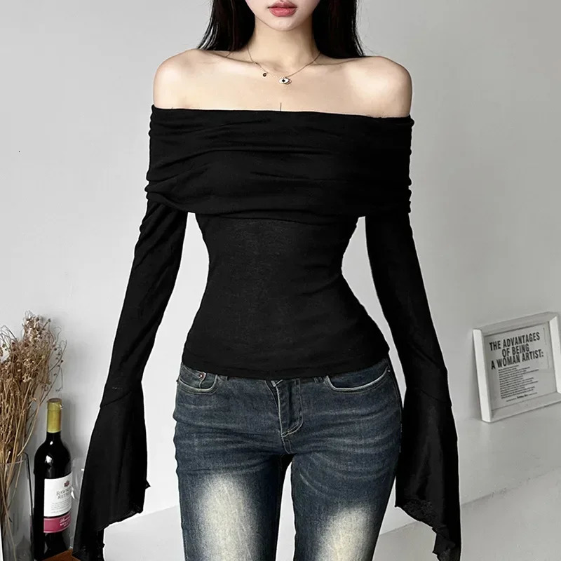 2K Aesthetic Simple Fashion Womens Tee Shirts Slash Neck Long Sleeve Solid Casual T-Shirts Vintage Off Shoulder Trendy T-Shirts 250725