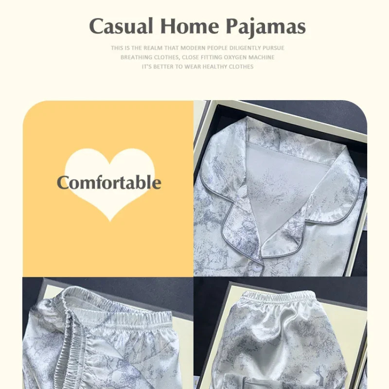 2 Pieces Print Sleepwear Faux Silk Satin Nightwear Pyjamas Fashion Casual Pajama Women Shorts Pajamas Set Ink Painting Outfits 250730