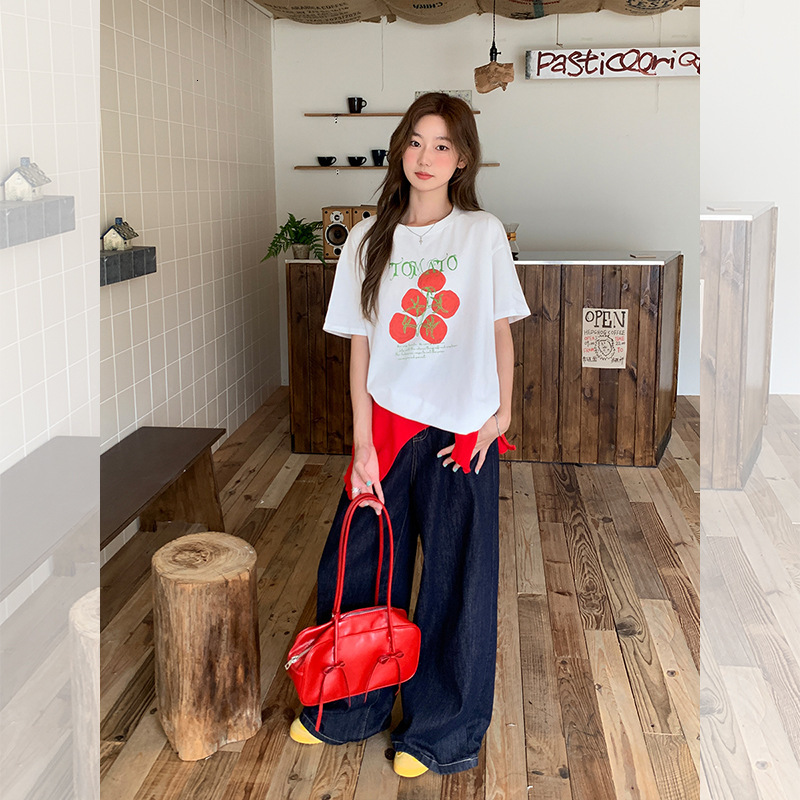 2025 Korean style white tomato short sleeved women's T-shirt summer new design sense niche casual top new designer T-shirt