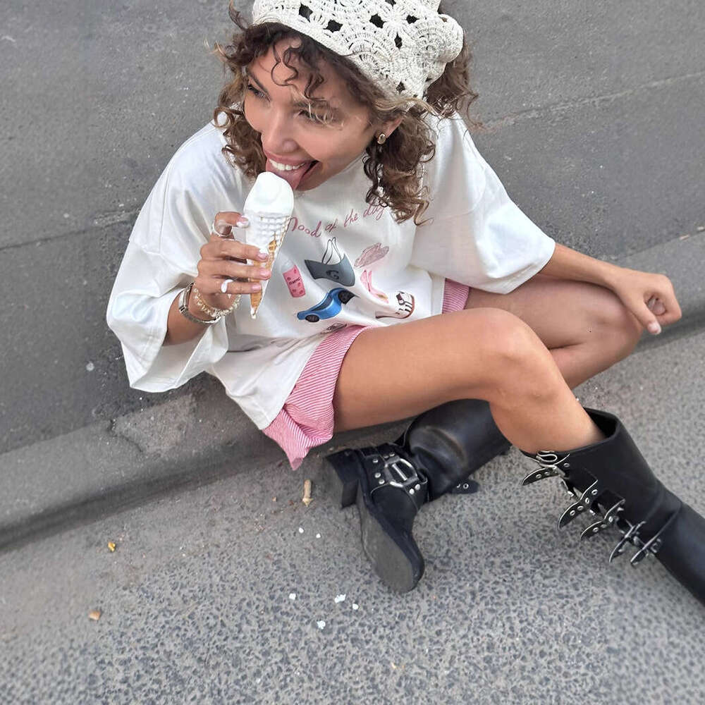 Hand-Painted Print T-Shirt For Women, Summer New Versatile Loose Round Neck Pure Cotton Short Sleeve Top Ins B5 h6