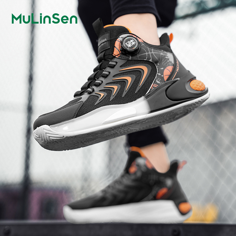 Mulinsen men's shoes rotating button summer mesh breathable running shoes youth shock absorption air cushion basketball sports shoes