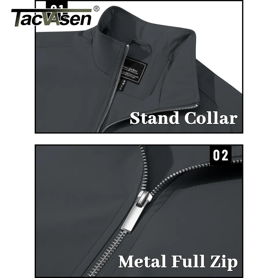TACVASEN Spring Autumn Lightweight Jackets Mens Full Zip Up Bomber Jacket Pockets Waterproof Hiking Work Windbreaker 250730