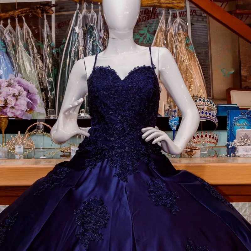 Navy Blue Quinceanera Dresses Spaghetti Strap Applique Lace Beads Party Birthday Vestidos De 15 Anos Sweet 16 Dress