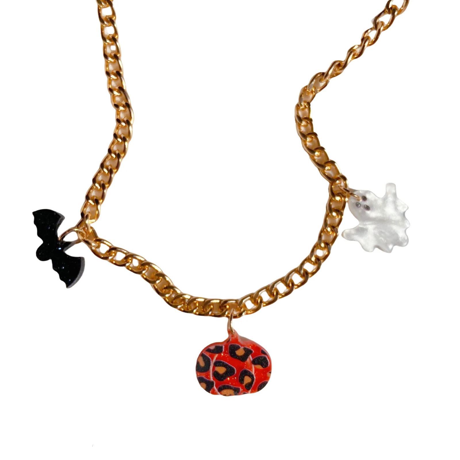Halloween acrylic pendant necklace bat pumpkin candy ghost cute and funny creative European and American chain necklace 250729