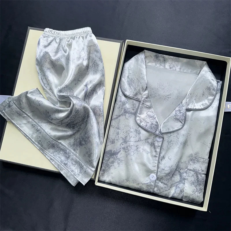 2 Pieces Print Sleepwear Faux Silk Satin Nightwear Pyjamas Fashion Casual Pajama Women Shorts Pajamas Set Ink Painting Outfits 250730