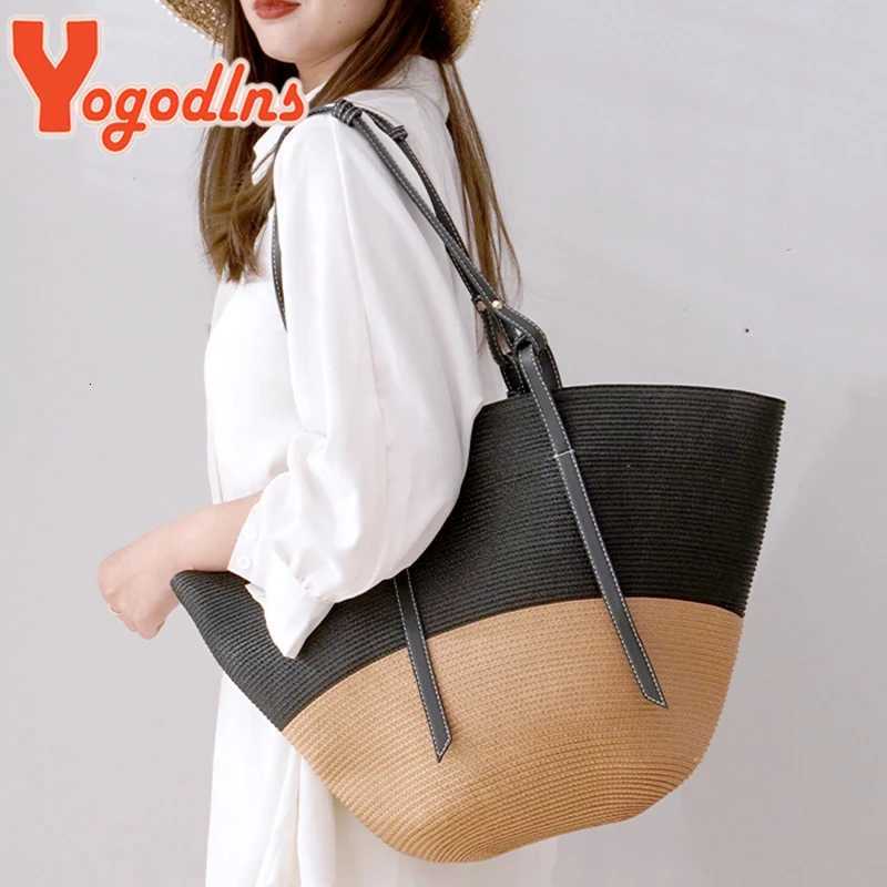 Yogodlns Summer Straw Totes Bag Women Large Capacity Rattan Handle Bag Splicing Color Beach Bag Travel Woven Shoulder Bag Bolsa G250729