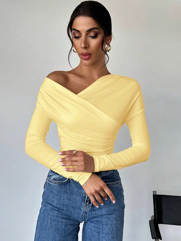 Womens Spring Casual Solid Color Girl Style Offtheshoulder Longsleeved Top 250729