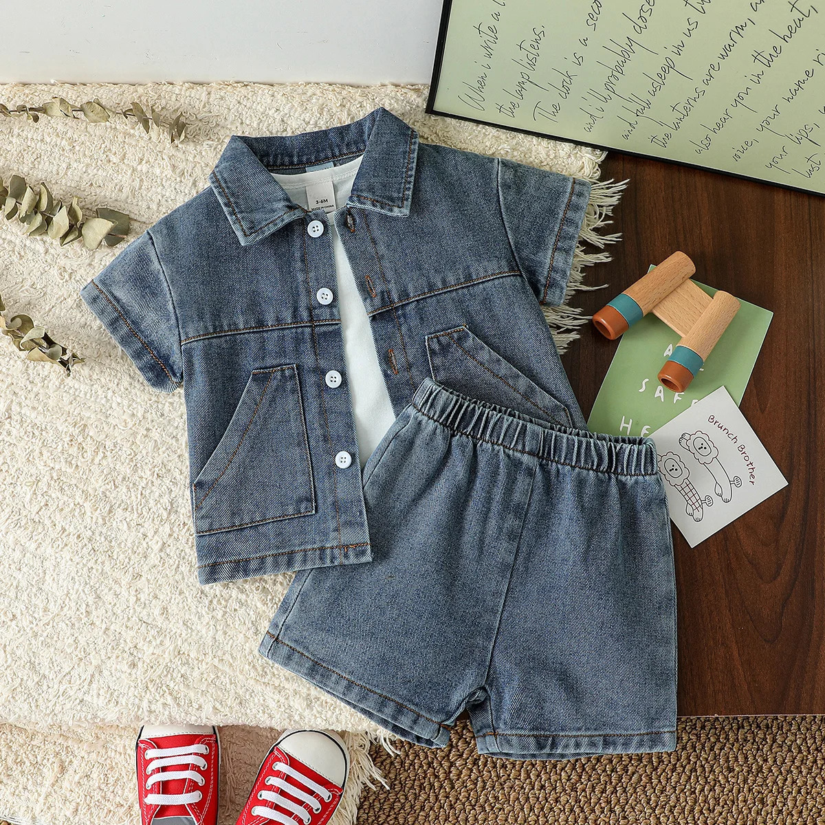 Summer Baby Solid Denim Short Sleeve Set Boys /Girls Denim Shirts Shorts Two Piece Set Simple Casual Fashion Streetwear 250729