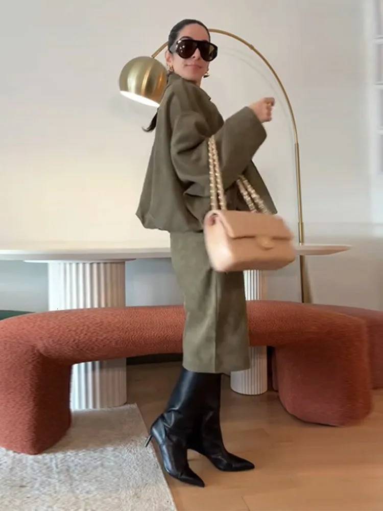 Autumn Women Suede Bomber Jacket Vintage Lapel Zipper Long Sleeve Female Coats Casual Commute Street Outerwear 250725