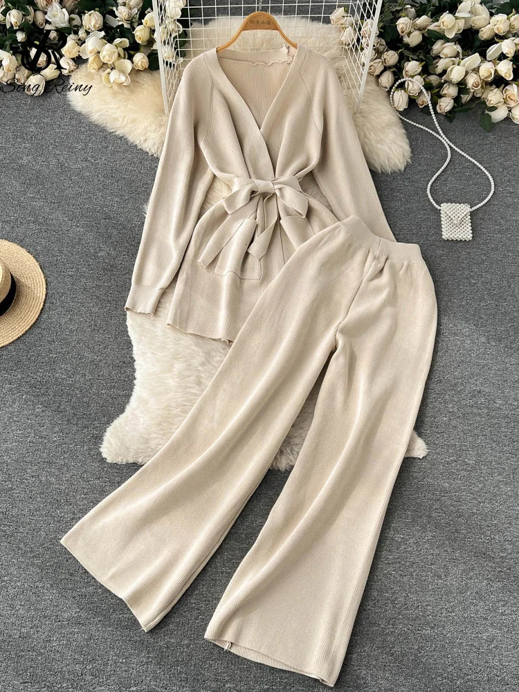 SINGREINY Winter Casual Two Pieces Suits Long Sleeve Knitted Cardigan CoatElastic Waist Wide Leg Pant Female Loose Sweater Sets 250730