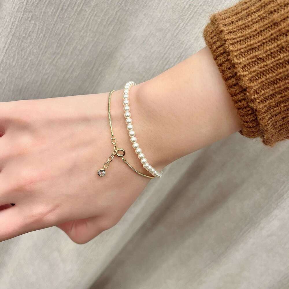 Exquisite Gold Sier Square Snake Bone Round Chain Zircon Pendant Pearl Bubble High-end Sense Wrapped Bracelet f15