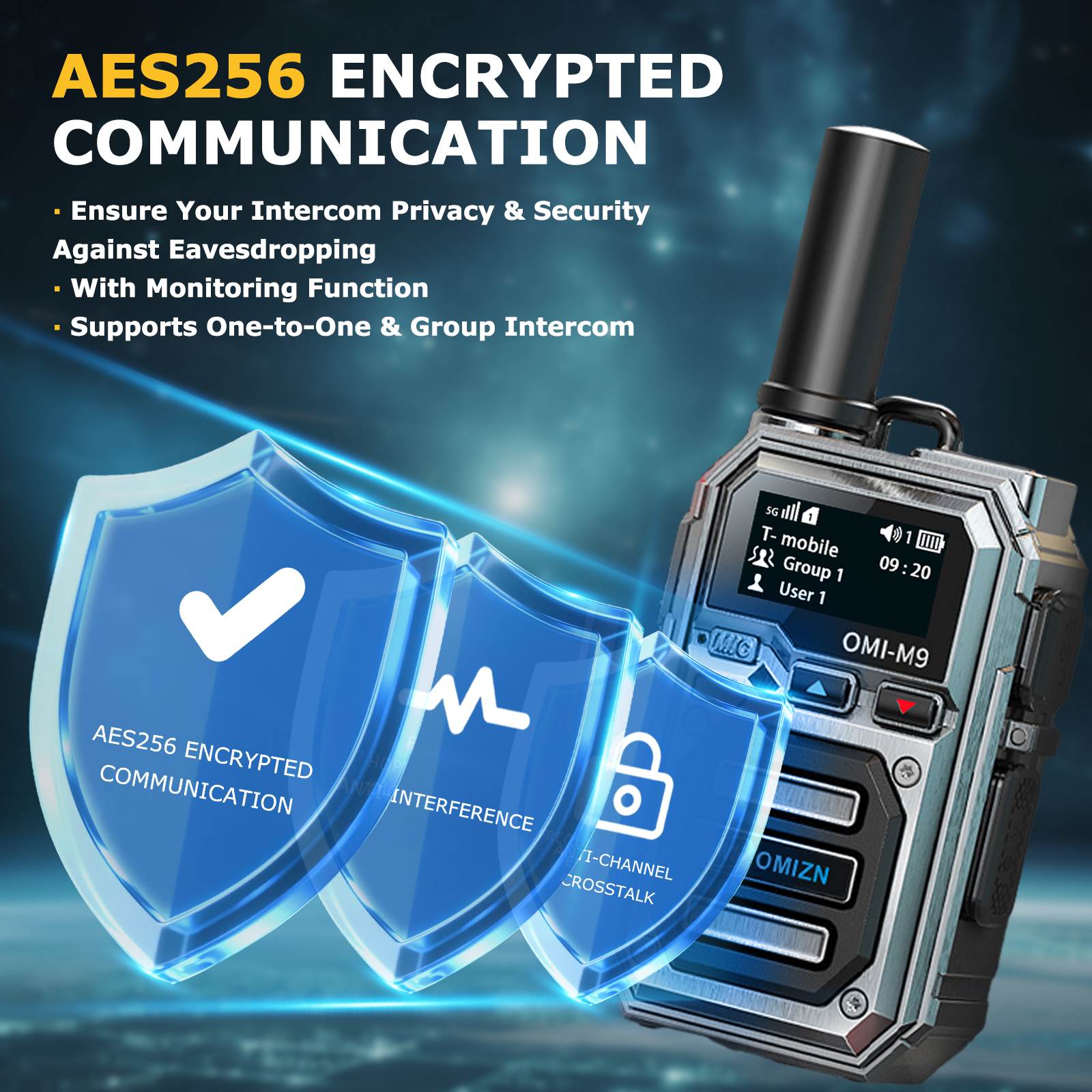 OMIZN M9 4G PoC Global Walkie Talkie Unlimited Range AES256 Type-C Charger AI Noise Reduction IP65 200CH Pre-installed SIM Card 10000 Miles Silver