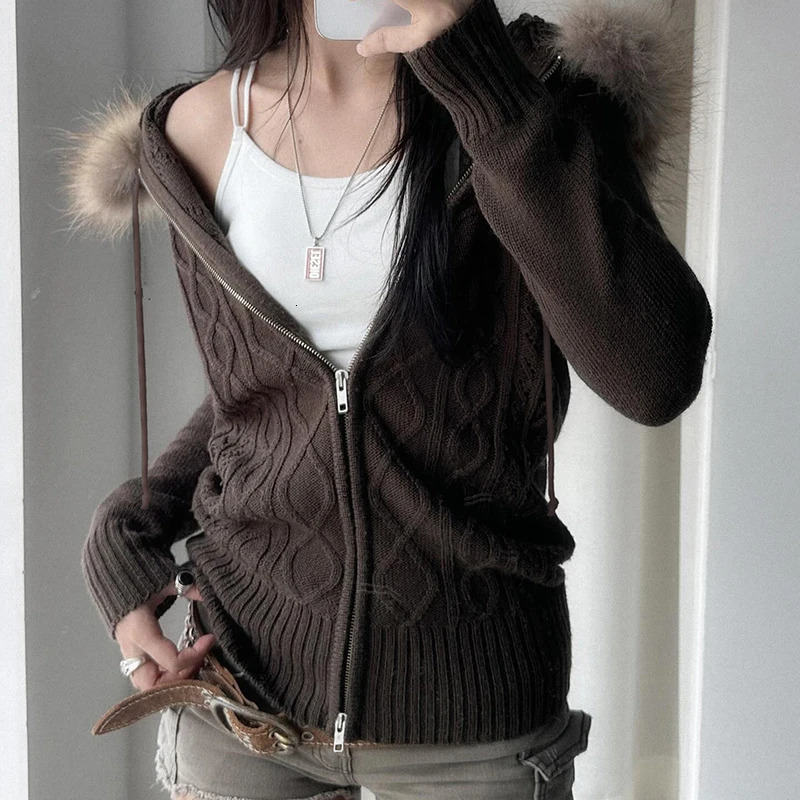 CIBBAR Furry Hooded Knitwear Hoodies y2k Streetwear Full Sleeve Zipup Womens Sweatshirts Korean Fashion Autumn Outwears Ladies 250730
