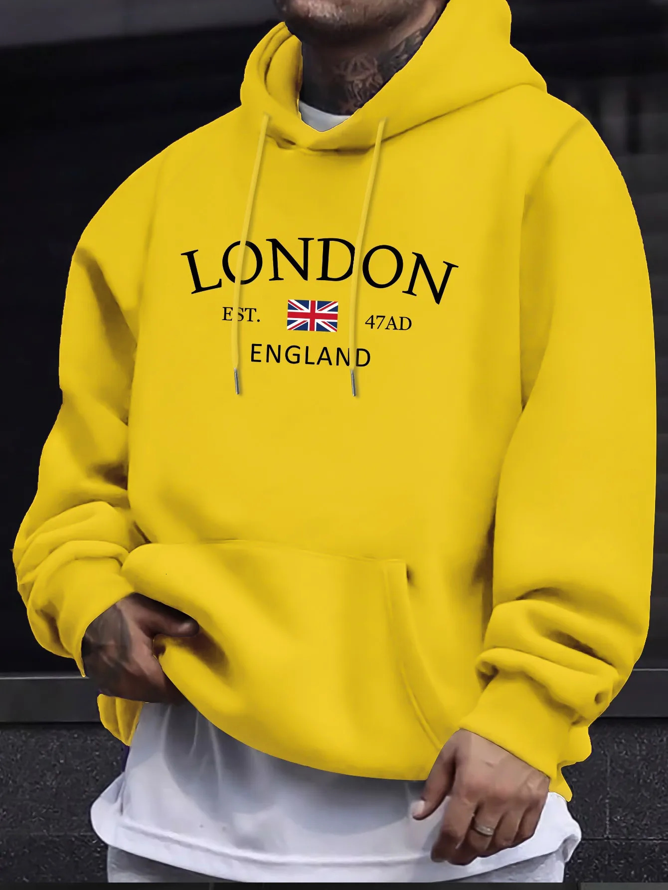 London Fashion Print Hoodies For Men Casual Autumn Winter casual sweatshirt Kangaroo pocket Long sleeve AutumnWinter simple 250729