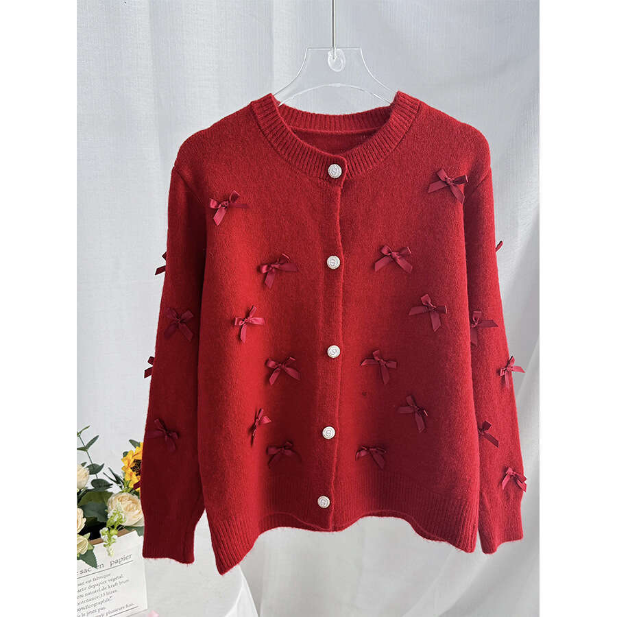 New Heavy Craft Three-Dimensional Bow Atmosphere Sweater For Women Autumn Winter Design Long Sleeve Cardigan Ins B5