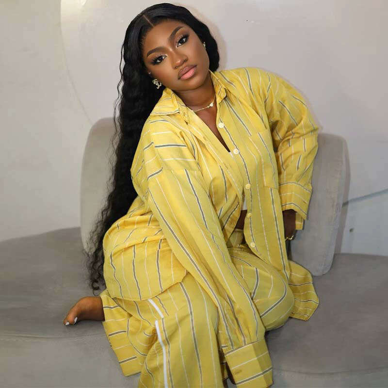 Plus Size Women's New Fashion Casual Loose Striped Shirt And Pants Two-Piece Set For Autumn B5