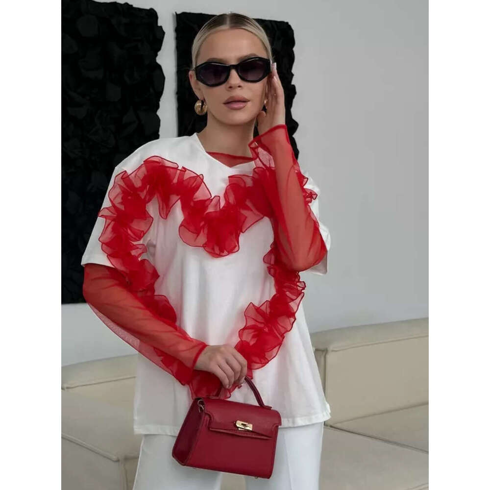 Heart-Shaped Organza Ruched Patchwork T-Shirt For Women Fashionable Ins Style Round Neck Loose Cotton Top B5