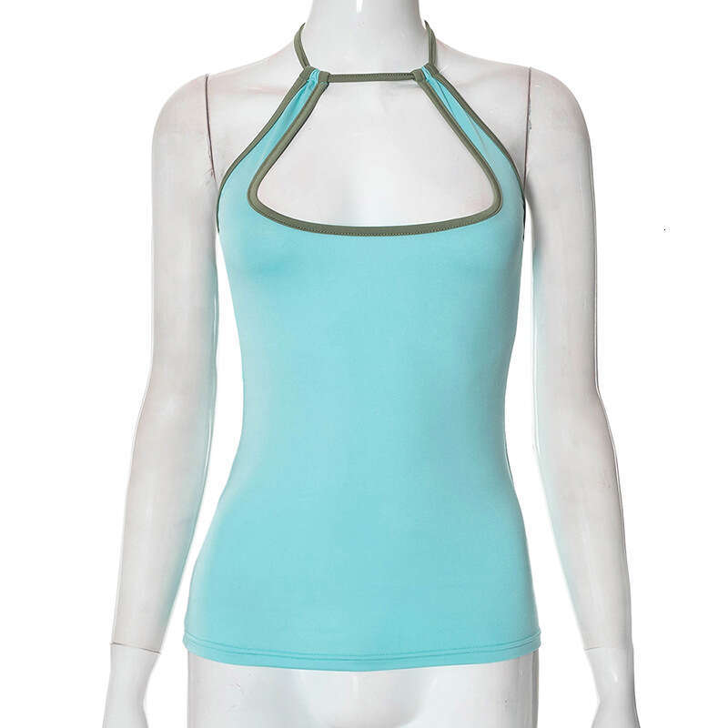 Y23tp088 Women's Summer New Color-Block Halter Neck Lace-Up Hollow Out Backless Casual Tank Top T-Shirt B5