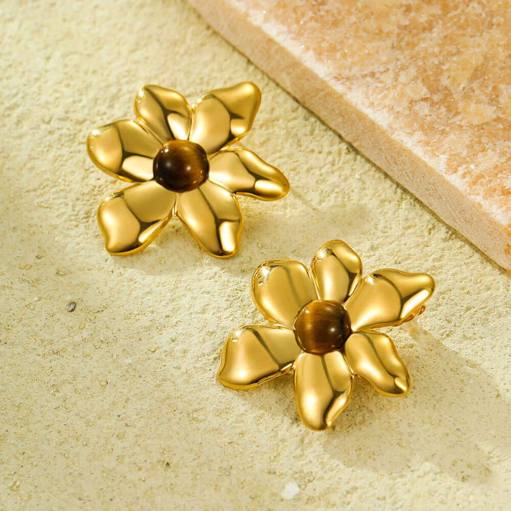 Hot-Selling Style Hexagonal Lace Titanium Steel Earrings with Cat's Eye Stone Niche Exquisite Exaggerated Ear Jewelry