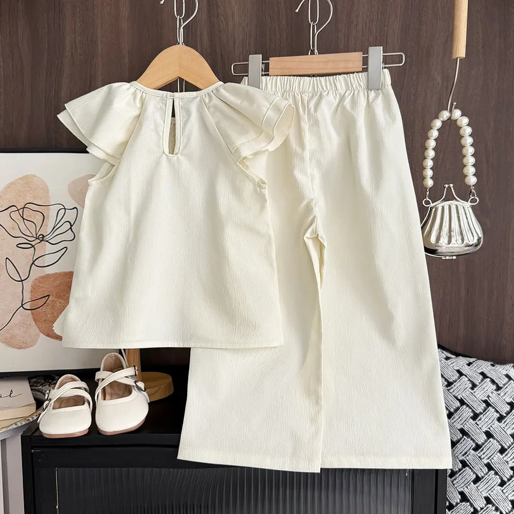 Summer Solid Color Girls Suit Korean Version Double Layered Flying Sleeve Wave Embroidered TopPants Set for 3-7 Year Old 250729