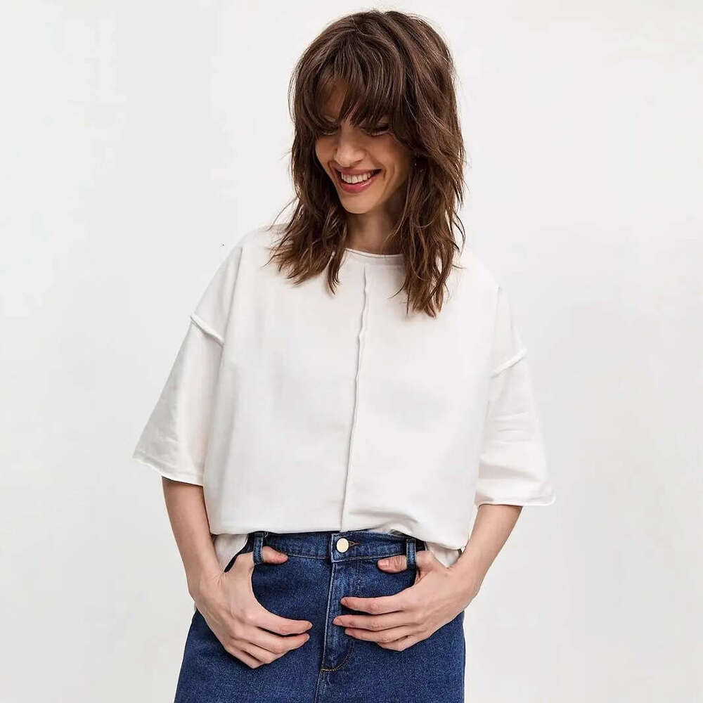 Spring Summer New Loose Cotton T-Shirt For Women Distressed Short Sleeve Patchwork Top B5