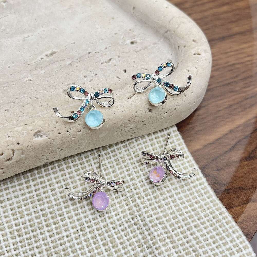 TikTok French Light Style Colorful Dia Bow Zircon Earrings Niche High-End Atmosphere 0e7