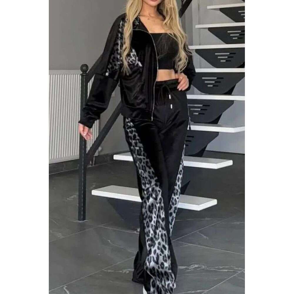 Women's Clothing Leopard Print Contrast Trousers Long Sleeved Home Clothes Suit