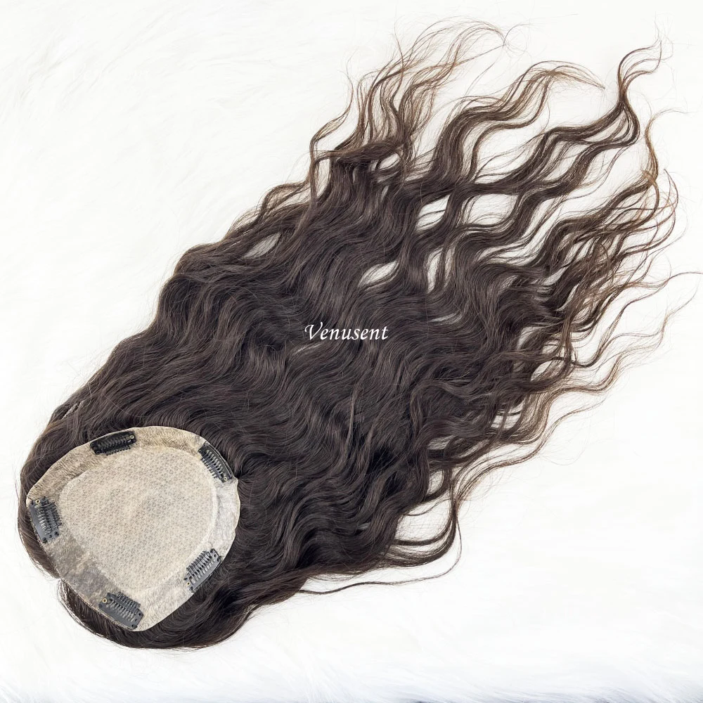 Dark Brown Silk Base Human Hair Topper with Clips in Virgin European Hair Natural Wave Silk Top Women Toupee for Thinning Hair