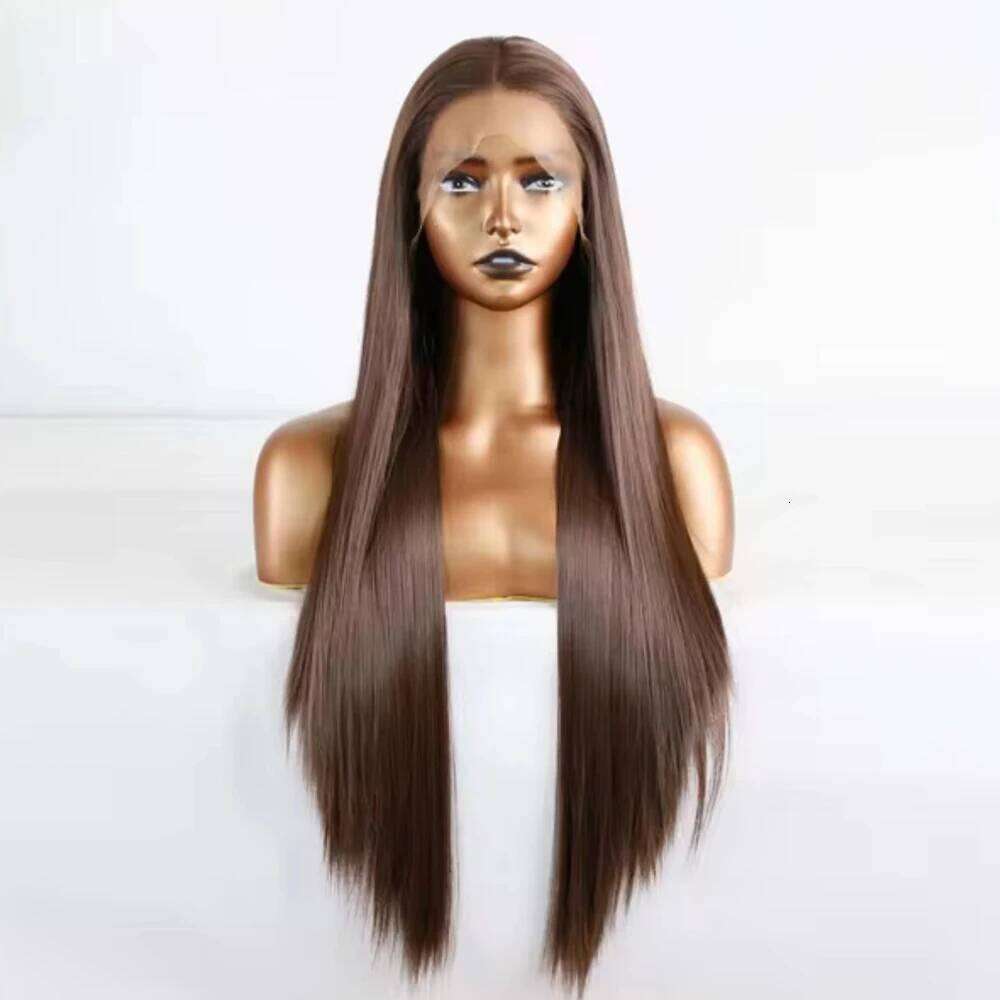 Dark Synthetic Lace Frong Silk Straight Hair Glueless For Women Human Hair Long Women's Wigs Cosplay Chocolate Brown Wig