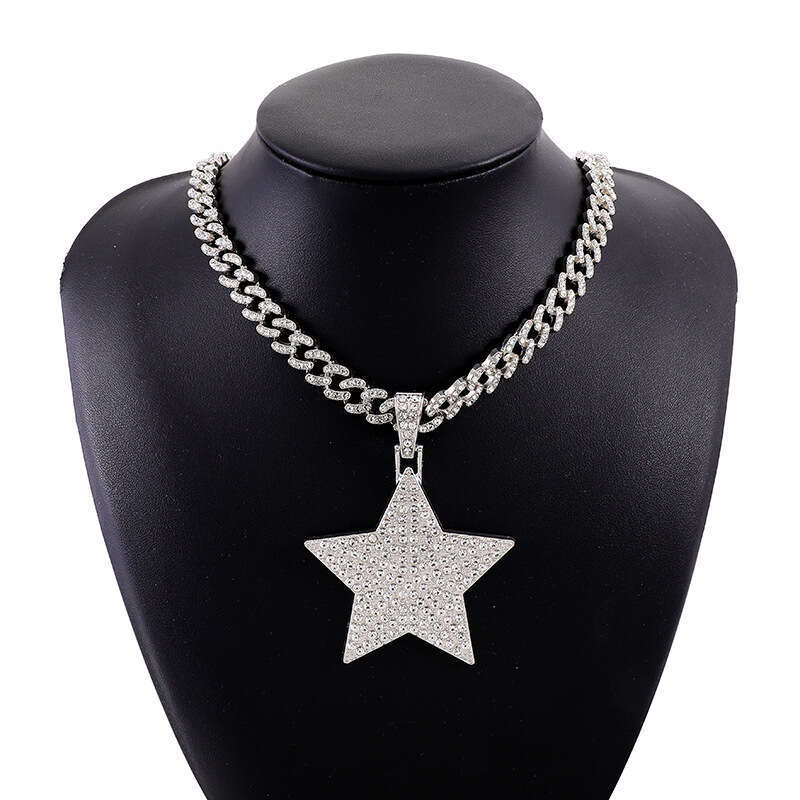 Cuban Necklace Set Five-Pointed Star Inlaid Dia Alloy Jewelry Trendy Men's Essential Pendant