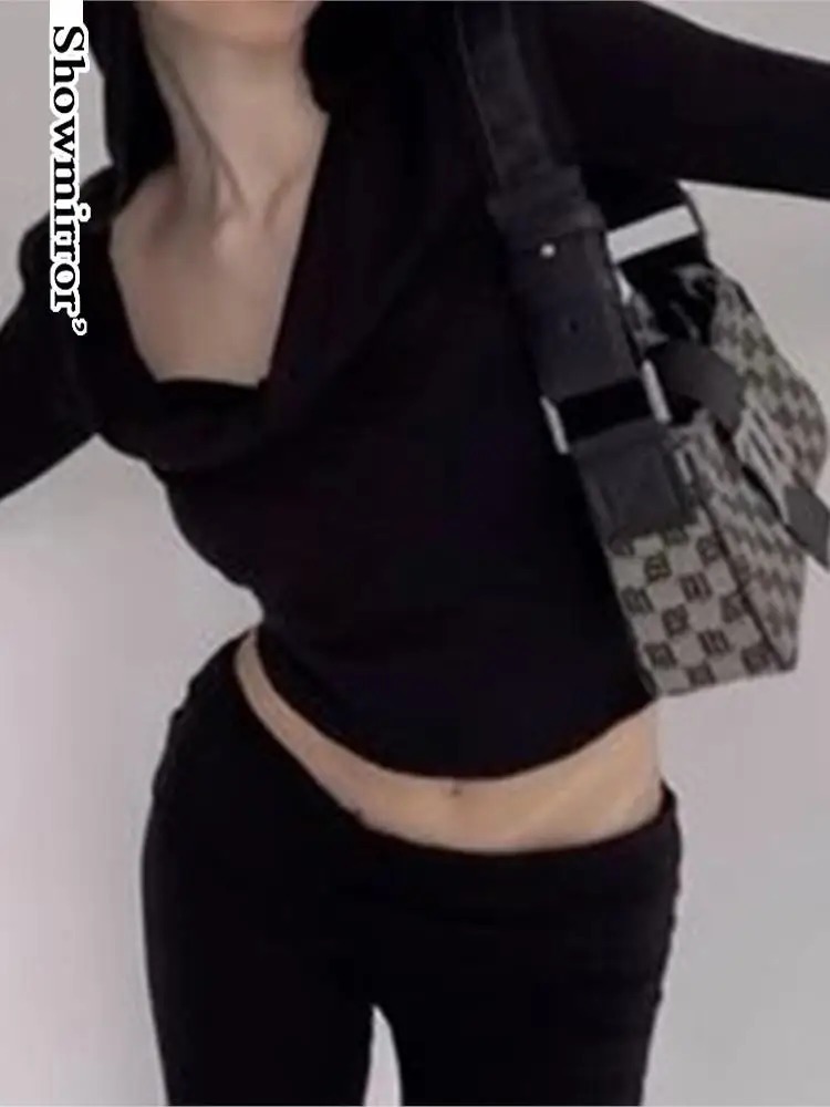 flare sleeve Hooded Crop Top tshirt Elastic Long Sleeve tee shirt Women Black Casual Tshirt Hoodie Collar Pullover 250729