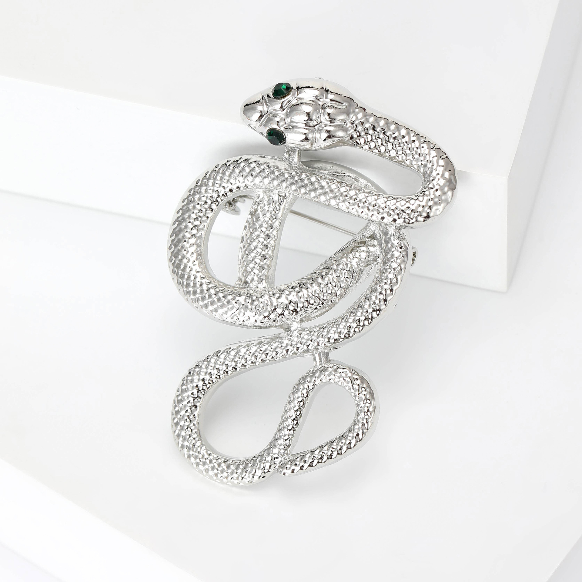 Silver Tone Textured Snake Brooch With Green Gemstone Eyes Elegant Party Jewelry And Gift For Her High Quality And Stylish Jewelry