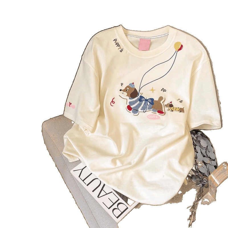 2025 American High Street Towel Embroidered Dog Cotton Short Sleeve T-shirt Summer New Loose Niche Short Sleeve Top New Designer T-shirt