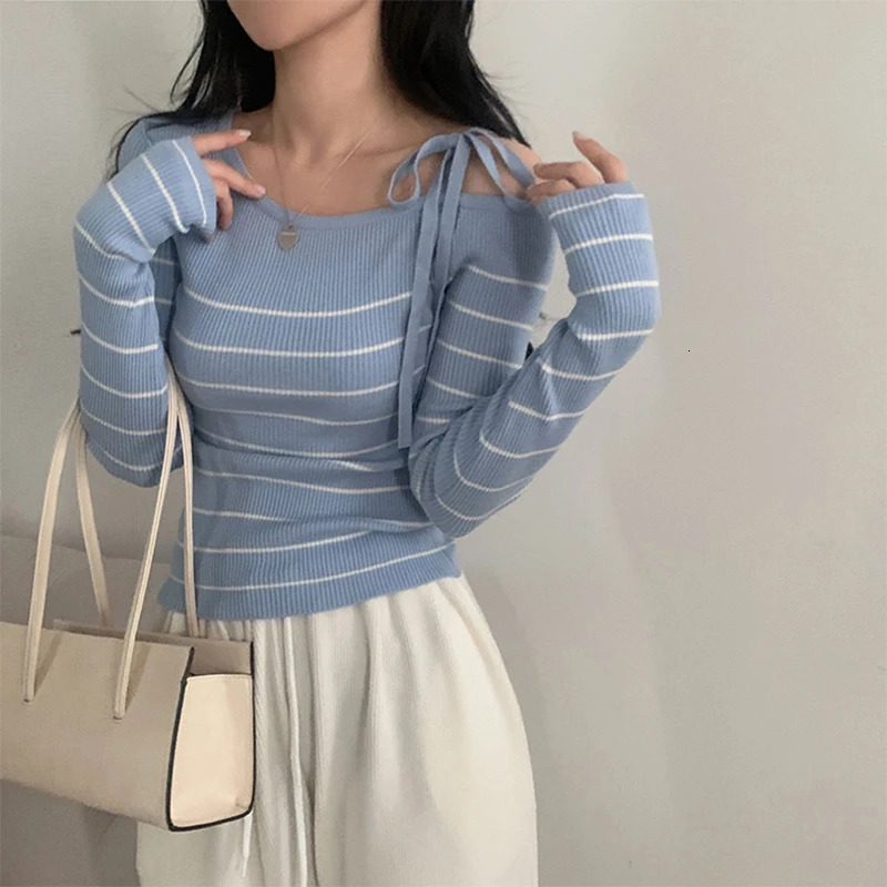 Sweet Off-the-shoulder Striped Tops Women Spring Autumn Casual Irregular Knitted Pullover 250723