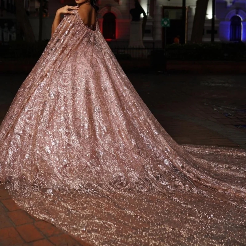 Pink Shiny Princess Ball Gown Quinceanera Dresses Sequin Lace Appliques Beads Tull Corset Sweet 16 Dress Vestidos De 15 Anos