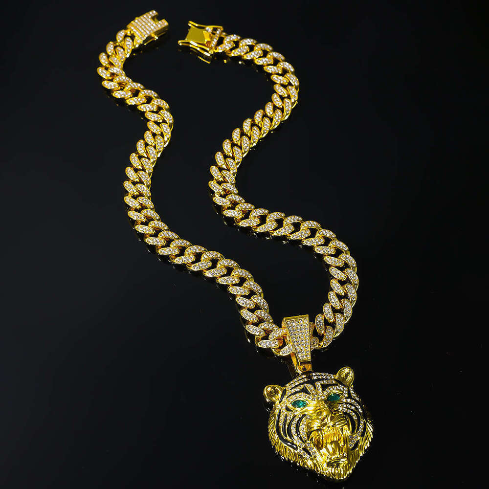 Full Dia Multi-color Tiger Head Pendant Creative Alloy Cuban Chain Hip-hop Personality Domineering Necklace