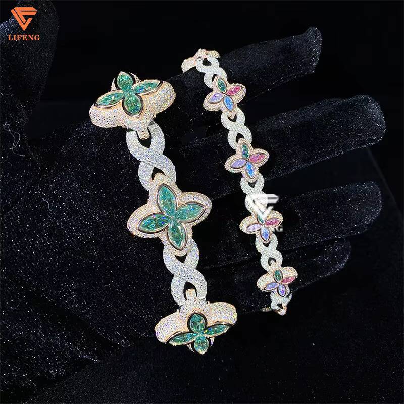 Hot Selling 925 Sterling Silver Marquise Flower Design Hip Hop Jewelry Iced Out Moissanite Infinity Clover Bracelet Men