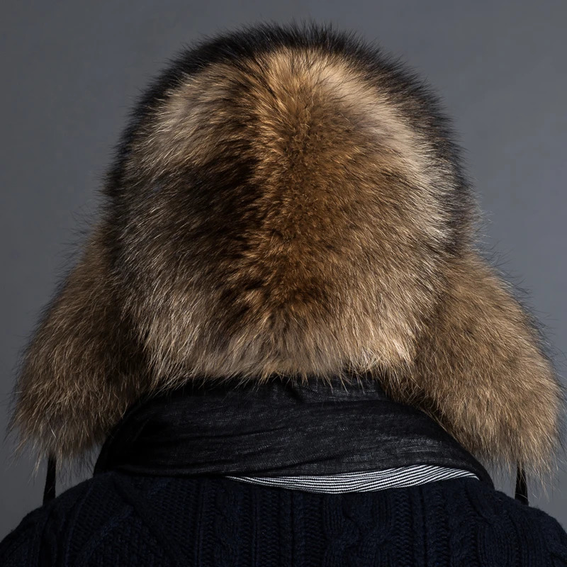 100% Fur Fox Skin Russian Businessmen Pilot Bombers Full Fur Mens Hat Ushanka Winter Ear Guard Hat Raccoon Fur Beanie Hat 250724