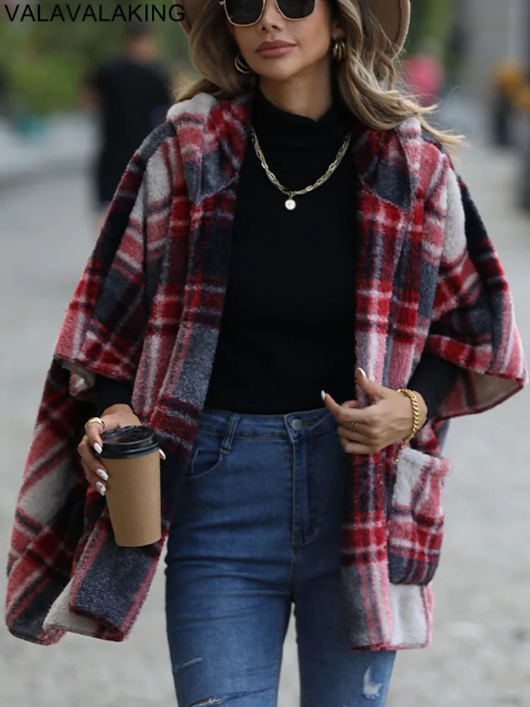 Autumn Winter Plaid Print Women Jacket Thick Plush Hooded Warm Casual Coat Soft Loose Cardigan Lady No buckle Short 250730