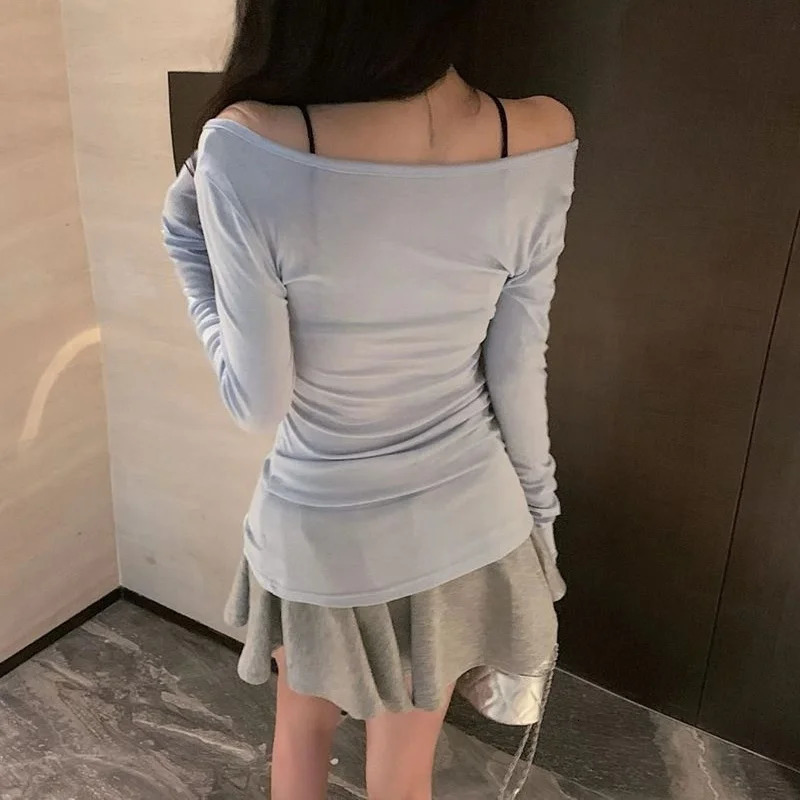 UNeck Long Sleeve TShirt Women Autumn Slim Casual Fashion Top Solid Bottom Shirts Korean Basic Off Shoulder Top 250729