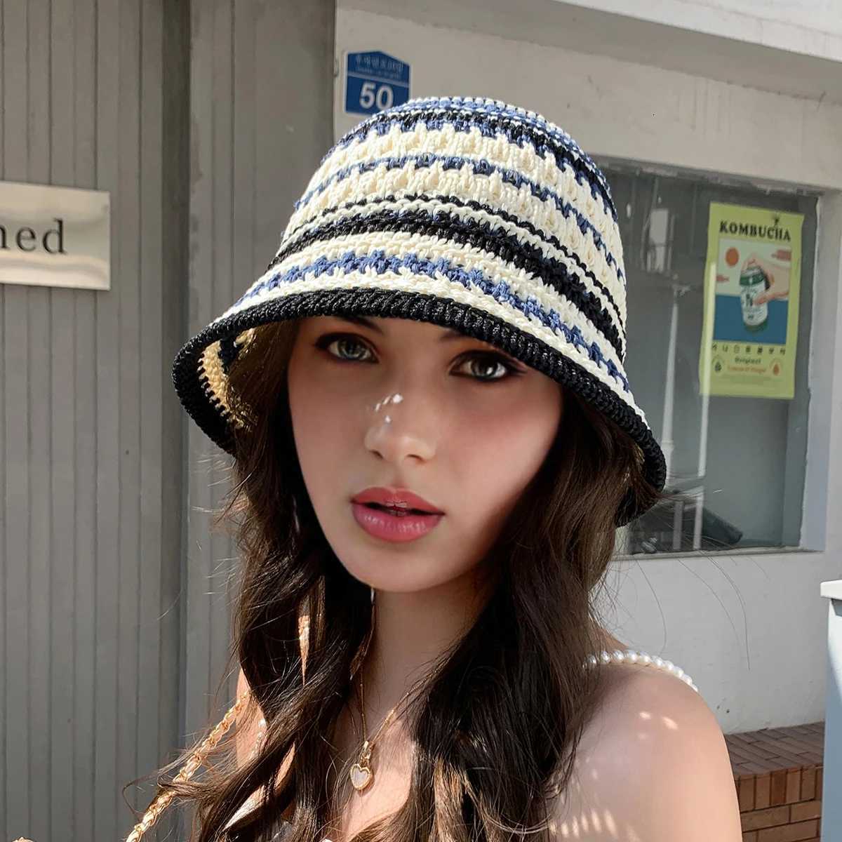 1 Womens Colorful Striped Knitted Hollow Hat that Can Be Folded for Outdoor Travel and Sun Protection Y250730