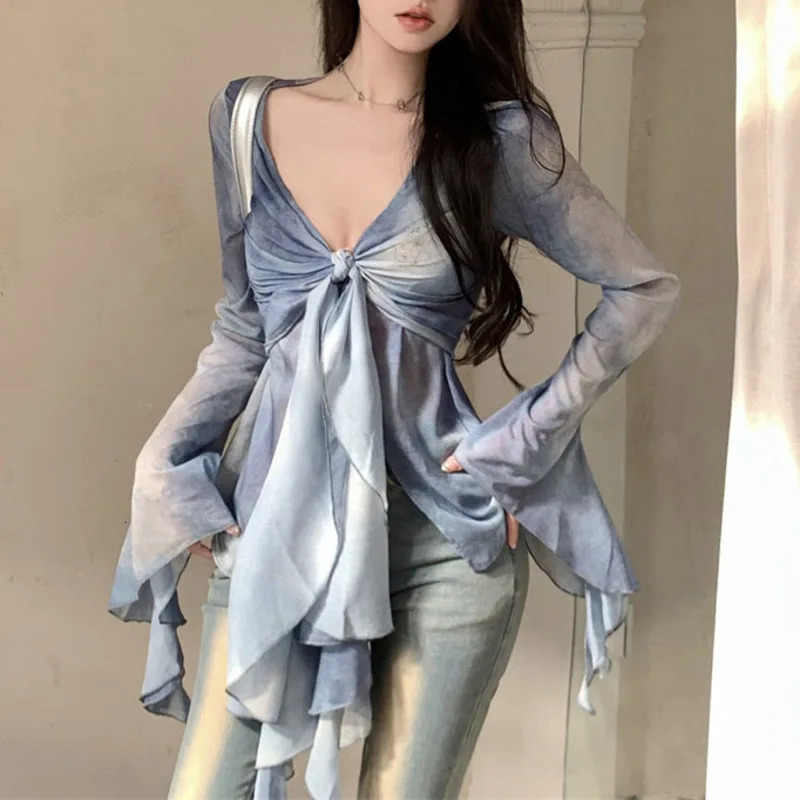 Sexy Women Tie Dye Mesh Sheer T-Shirt V Neck Flared Long Sleeve Slim Fit Tees 2 Pieces Front Bandage Tshirt Y2K Streetwear 250725